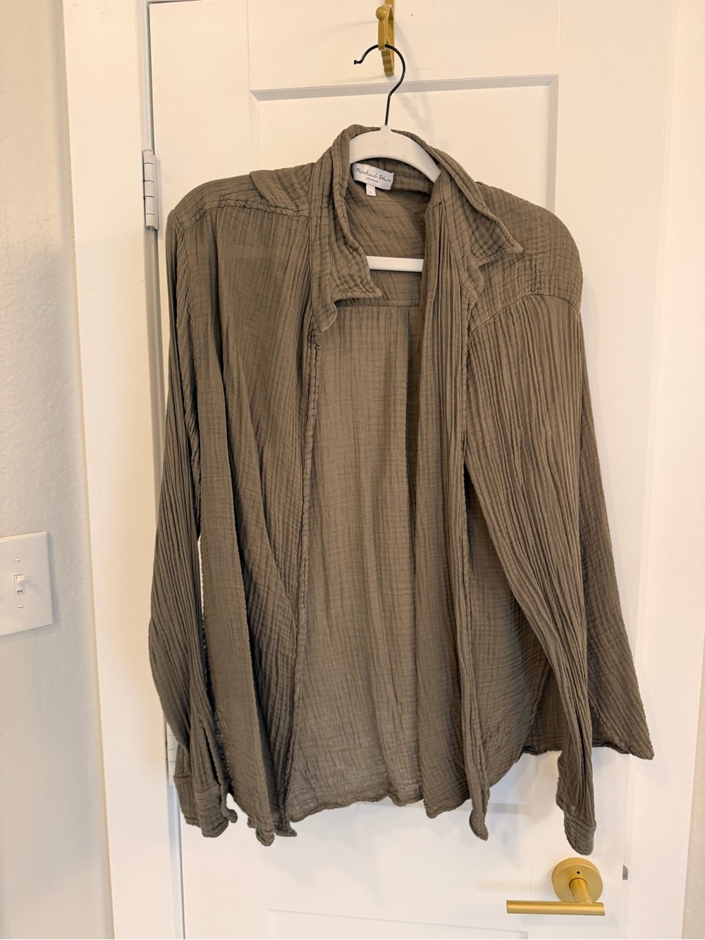 Michael Stars Olive Green Open-Front Textured Button-Down Shirt